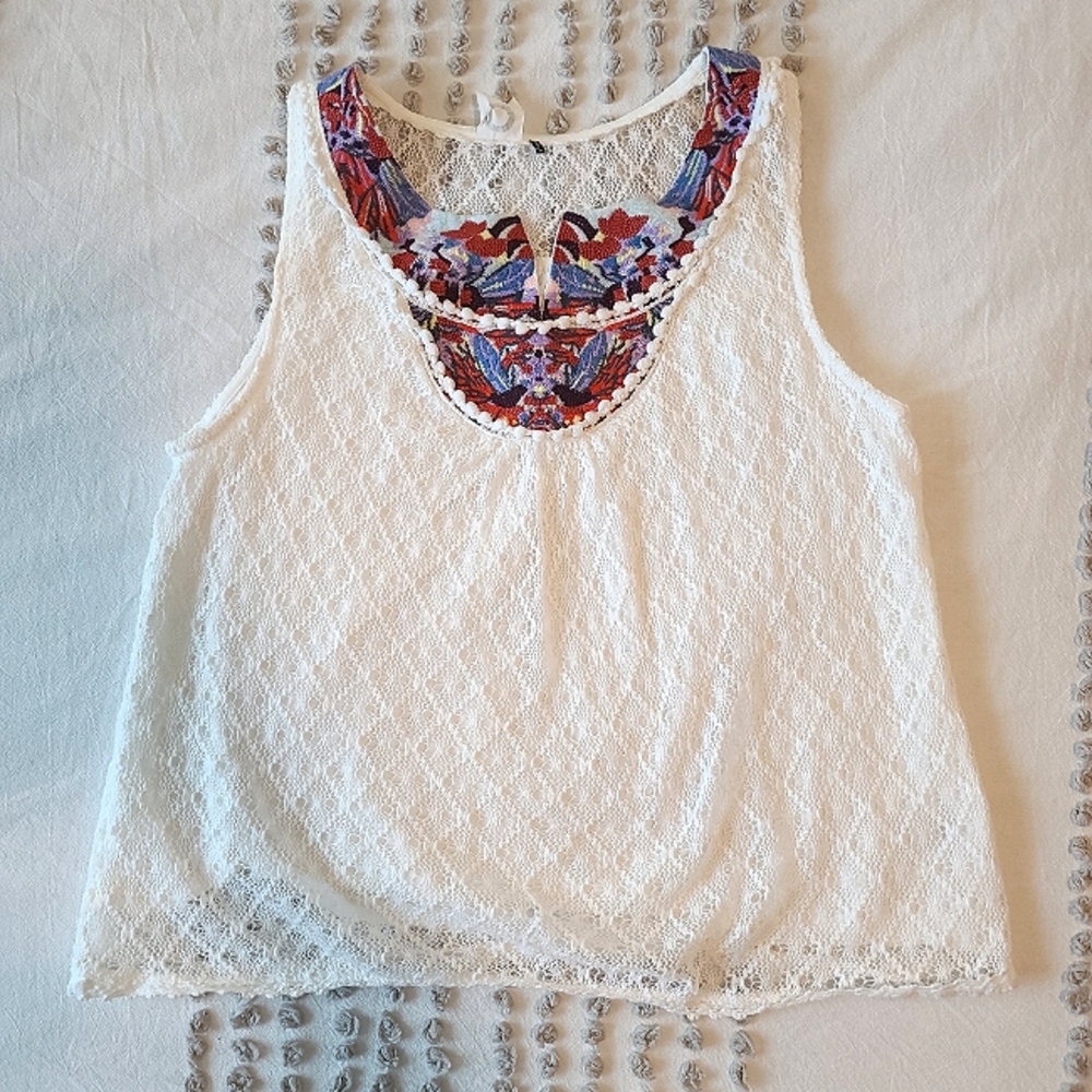 Akemi & Kin White Lacy Tank Top Blouse with Blue, Purple, Red Floral Embroidery
